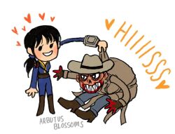 1boy 1girl arbutusblossoms artist_name blue_jumpsuit blue_pants brown_coat brown_hat coat the_ghoul_(fallout_tv_series) cowboy_hat fallout_(prime_video) fallout ghoul grin hat heart jumpsuit lucy_maclean pants smile teeth vault_suit
