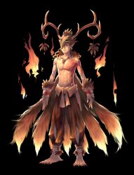 1boy abs absurdres animal_skull baggy_pants banban953 bare_shoulders barefoot black_background black_cape black_pants bracelet brown_hair cape chest_tattoo clothing_cutout fire full_body fur_cape fur_cuffs hat highres jewelry leaf leg_cutout long_hair male_focus one_eye_covered orange_eyes original pants parted_lips shoulder_tattoo simple_background skull-shaped_hat solo standing striped_clothes striped_pants talons tattoo toned toned_male topless_male vertical-striped_clothes vertical-striped_pants white_hat