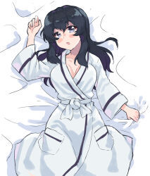 1girl alternate_costume bathrobe bed_sheet blue_eyes blue_hair blush breasts collarbone eclair_(girls_und_panzer) girls_und_panzer girls_und_panzer_gekitou!_maginot-sen_desu!! highres kimi_tsuru large_breasts long_hair looking_at_viewer lying on_back