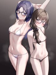 2girls alice_gear_aegis armpits bikini black-framed_eyewear black_bikini blue_hair breasts brown_hair collarbone commentary_request garyu_emi glasses highres ka_(reonkat) long_hair medium_breasts micro_bikini momoshina_fumika multiple_girls navel small_breasts sweat swimsuit white_bikini