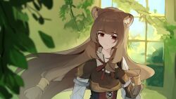 Rule 34 | 1girl, absurdres, animal ear fluff, animal ears, armor, armored gloves, black dress, blunt bangs, breastplate, breasts, brown gloves, brown hair, carternanmen, closed mouth, collared dress, commentary, day, dress, elbow gloves, english commentary, gloves, high collar, highres, indoors, long hair, long sleeves, looking ahead, medium breasts, metal arm cuffs, metal hair tubes, metal wrist cuffs, mixed-language commentary, neck ribbon, pauldrons, raccoon ears, raccoon girl, raphtalia, red dress, red eyes, red ribbon, ribbon, shoulder armor, single pauldron, sleeveless, sleeveless dress, smile, solo, straight hair, striped clothes, striped dress, tate no yuusha no nariagari, two-tone dress, vertical-striped clothes, vertical-striped dress, white dress, window