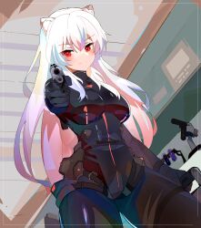 1girl absurdres aiming aiming_at_viewer bodysuit breasts gun handgun highres long_hair looking_at_viewer lumpychan medium_breasts original red_eyes skin_tight thighhighs very_long_hair weapon white_hair