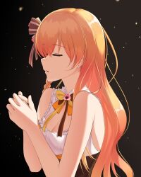 1girl alternate_hairstyle bare_arms bell black_background bow bowtie braid breasts cleavage cleavage_cutout closed_eyes clothing_cutout commentary_request corset crossed_bangs frilled_shirt frills hair_bow hair_down highres hololive hui_yu large_breasts light_particles long_bangs long_hair mixed-language_commentary momosuzu_nene momosuzu_nene_(1st_costume) multicolored_bow multicolored_bowtie neck_bell orange_hair own_hands_together parted_lips shirt side_braid sidelighting simple_background sleeveless sleeveless_shirt solo striped_bow underbust upper_body wavy_hair white_shirt