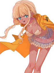 1girl absurdres bikini bikini_skirt blonde_hair blue_skirt breasts cleavage danganronpa_(series) danganronpa_v3:_killing_harmony feet_out_of_frame frilled_skirt frills grey_eyes highres jacket jewelry large_breasts long_hair long_sleeves navel necklace open_mouth orange_jacket pleated_skirt shell shell_necklace shimaya shiny_skin simple_background skirt smile solo swimsuit teeth white_background white_bikini yonaga_angie