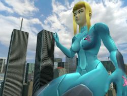 1girl 3d 9/11 blonde_hair blue_eyes bodysuit building city cityscape cloud day female_focus garry&#039;s_mod giant giantess metroid new_york_city nintendo outdoors samus_aran satire screencap skin_tight sky skyscraper solo world_trade_center zero_suit