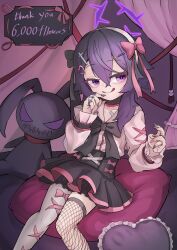 1girl absurdres alternate_costume asymmetrical_legwear black_nails black_skirt blue_archive bow commentary_request fishnet_thighhighs fishnets hair_ornament halo haruka_(blue_archive) highres korean_commentary mismatched_legwear mixed-language_commentary mmm5162 nail_polish parted_lips purple_eyes purple_hair purple_halo shirt skirt solo stuffed_toy thighhighs tongue tongue_out white_shirt