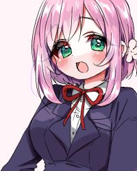 1girl :d black_jacket blazer blush bob_cut collared_shirt flower green_eyes hair_flower hair_ornament hanazono_hakari jacket kimi_no_koto_ga_dai_dai_dai_dai_daisuki_na_100-nin_no_kanojo long_eyelashes looking_at_viewer neck_ribbon ohananomitsu_high_school_uniform open_mouth parted_bangs pink_background pink_flower pink_hair raised_eyebrows red_ribbon ribbon school_uniform shirt short_hair_with_long_locks simple_background smile solo upper_body white_shirt yumenobetsu