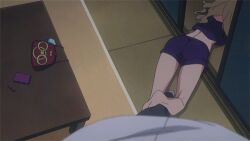 1boy 1girl animated animated_gif anime_screenshot ass blonde_hair feet huge_ass jiggle mature_female mother_and_son on_floor shorts takasu_ryuuji takasu_yasuko thighs toradora!