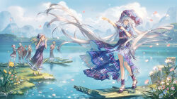 1boy 5girls absurdly_long_hair anklet blue_hat blue_shirt blue_skirt blue_sky bracelet brown_hair cloud day floating_hair flower full_body glasses green_eyes grey_hair hat high-waist_skirt highres jewelry lake long_hair long_skirt looking_ahead low_twintails luo_tianyi mary_janes midriff mountainous_horizon multiple_bracelets multiple_girls music open_mouth outdoors outstretched_arm petals pink_flower pleated_skirt purple_shoes raft shirt shoes short_hair short_sleeves singing skirt skirt_set sky smile sparkle spring_(season) standing tuzhate twintails very_long_hair vocaloid vsinger_(vocaloid) white_flower yellow_flower