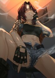 Rule 34 | 1girl, arm tattoo, belt, black belt, black gloves, black lagoon, black tank top, breasts, brown eyes, brown hair, cigarette, cutoffs, denim, denim shorts, fingerless gloves, from below, gloves, gun, haishima xv, handgun, highres, holding, holding cigarette, holster, long hair, looking at viewer, medium breasts, middle finger, midriff, navel, open fly, parted lips, ponytail, revy (black lagoon), shorts, shoulder holster, shoulder tattoo, sitting, smoke, smoking, solo, stomach, tank top, tattoo, thighs, weapon