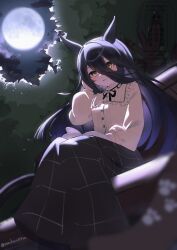 1girl absurdres animal_ears black_ribbon black_skirt frilled_shirt frilled_shirt_collar frills full_moon hair_between_eyes hand_up highres horse_ears horse_girl horse_tail long_bangs long_hair_between_eyes long_sleeves manhattan_cafe_(umamusume) moon neck_ribbon night no_ahoge outdoors parted_lips plaid_clothes plaid_skirt ribbon saigyougi shirt skirt smile solo tail tree twitter_username umamusume watermark yellow_eyes yellow_shirt