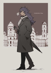 1boy absurdres alternate_costume black_coat black_pants black_shoes breath buttons coat commentary_request facial_hair from_side full_body grey_scarf hand_in_pocket highres leon_(pokemon) long_hair long_sleeves male_focus nintendo pants parted_lips pokemon pokemon_swsh scarf shoes solo standing twitter_username umbrella youchengyan