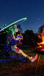 1boy child closed_mouth colored_extremities commentary_request earrings embers eyeliner fate/grand_order fate_(series) fire foot_up from_side full_body game_cg green_eyes green_hair halo jewelry leg_tattoo long_hair long_sleeves makeup male_focus night night_sky official_alternate_costume official_art outdoors red_eyeliner shoes sitting sky sneakers solo star_(sky) starry_sky taisui_xingjun_(fate) take_(takegarou) tattoo third-party_source