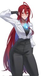 1girl adapted_costume ahoge alternate_costume black_pants black_shirt blue_fire blue_hair breasts colored_inner_hair elizabeth_rose_bloodflame elizabeth_rose_bloodflame_(1st_costume) fire fire_on_chest high-waist_pants highres hololive hololive_english huge_ahoge large_breasts linyi long_hair long_sleeves looking_at_viewer multicolored_hair pants red_eyes red_hair shirt simple_background smile solo tight_clothes tight_pants two-tone_hair undershirt very_long_hair virtual_youtuber white_background white_shirt