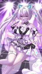 1girl animal_ears ascot black_collar black_dress collar detached_collar detached_sleeves dress facial_tattoo fake_animal_ears glowstick grey_eyes grey_hair hair_intakes hair_ornament heart heart_tattoo highres holding holding_microphone idol karenina:_scire_(neon_dynamite)_(pgr) karenina:_scire_(pgr) karenina_(pgr) layered_sleeves ling_yi_i lollipop_hair_ornament long_hair looking_at_viewer microphone official_alternate_costume open_mouth punishing:_gray_raven sidelocks solo stuffed_animal stuffed_cat stuffed_toy tattoo twintails two-tone_dress white_ascot white_dress x_hair_ornament