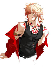 Rule 34 | 1boy, alternate costume, arm tattoo, black tank top, blonde hair, braid, chest tattoo, earrings, gradient hair, hair between eyes, highres, honkai: star rail, honkai (series), jacket, jewelry, looking at viewer, male focus, medium hair, multicolored hair, mydei (honkai: star rail), necklace, off shoulder, ponytail, red hair, red jacket, side braid, simple background, solo, tank top, tattoo, toned, toned male, upper body, white background, yellow eyes, yexion123