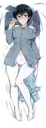 Rule 34 | 1girl, absurdres, black hair, blush, breasts, closed mouth, eini a lukkanen, em (totsuzen no hakike), grey eyes, highres, looking at viewer, lying, medium breasts, military uniform, navel, on back, pantyhose, short hair, solo, strike witches: aurora no majo, white pantyhose, world witches series