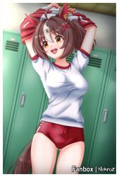 1girl absurdres ahoge alternate_costume artist_name breasts brown_eyes brown_hair buruma gran_alegria_(umamusume) gym_uniform hair_between_eyes hair_ornament highres horse_girl jacket locker locker_room medium_breasts medium_hair nekroz7 open_mouth solo teeth track_jacket track_uniform umamusume undressing upper_teeth_only x_hair_ornament