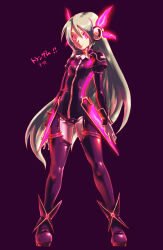 Rule 34 | 1girl, alternate color, alternate hair color, alternate hairstyle, blonde hair, bodysuit, commentary request, hair down, hair ornament, hatsune miku, hatsune miku (plug-in), headset, highres, long hair, looking at viewer, project diva, project diva (series), red eyes, red theme, ryon (yasagure un), simple background, smile, solo, vocaloid