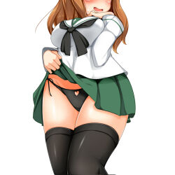 1girl black_panties black_thighhighs blush breasts brown_hair clothes_lift clothing_cutout girls_und_panzer green_skirt hand_on_own_chest heart_cutout kurokoshou_(emuburemu123) large_breasts long_hair miniskirt neckerchief ooarai_school_uniform panties pleated_skirt revision school_uniform serafuku side-tie_panties simple_background skirt skirt_lift solo sweatdrop takebe_saori thighhighs underwear white_background