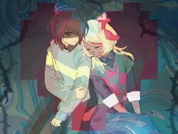 1girl 1other antlers beryllium_game black_shirt blonde_hair brown_hair closed_eyes collared_shirt commentary deer_antlers deer_girl deer_tail deltarune furry furry_female green_shirt hair_over_one_eye hand_on_own_arm hashtag-only_commentary head_on_another&#039;s_shoulder heart horns kris_(deltarune) layered_shirt long_hair long_sleeves noelle_holiday pixel_heart plant red_eyes shirt sitting sweat tail thorns vines weird_route_(deltarune)