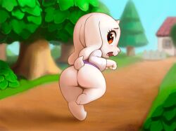 1girl ajin_(ajinhdremix) animal_crossing animal_ears animal_feet artist_name ass ass_focus blue_sky blurry blurry_background blush body_fur bottomless bush chibi chibi_only dated day embarrassed fang feet female_focus from_behind furry furry_female goat_ears goat_girl goat_horns grass hand_up horns house leg_up legs long_sleeves looking_at_viewer looking_back nintendo nose_blush open_mouth outdoors path purple_shirt raglan_sleeves raised_eyebrows red_eyes road shirt shortstack signature skin_fang sky solo standing standing_on_one_leg thick_thighs thighs toriel tree undertale white_fur white_horns white_sleeves
