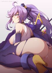1girl after_anal aftersex ahoge aisha_landar ass blush boots breasts cum cum_in_ass detached_sleeves elsword eyewear_strap from_behind glasses hair_ribbon high_heel_boots high_heels large_breasts long_hair looking_back lord_azoth_(elsword) nipples pants parted_lips ponytail purple_eyes purple_hair purple_ribbon ribbon semi-rimless_eyewear shirt simple_background sleeveless sleeveless_shirt solo torn_clothes torn_pants waero white_shirt
