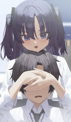 1boy 1girl absurdres black_hair black_necktie blue_archive blush chin_rest commentary covered_eyes covering_another&#039;s_eyes fingernails head_on_head head_rest hetero highres indoors lan001 lanyard necktie open_mouth own_hands_together purple_hair sensei_(blue_archive) shirt smile two_side_up white_shirt yuuka_(blue_archive)