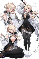 ... 1girl absurdres bare_shoulders black_boots black_dress black_pantyhose blonde_hair boots braid braided_bangs breasts cleavage closed_mouth coat commentary coronis_(stella_sora) detached_sleeves dress grey_eyes heterochromia highres holding holding_weapon inhoso large_breasts linea_alba long_hair long_sleeves mole mole_above_eye multiple_views outline pantyhose parted_lips plunging_neckline purple_eyes simple_background sitting sleeveless sleeveless_coat sleeveless_dress smile speech_bubble spoken_ellipsis standing stella_sora stethoscope stethoscope_between_breasts thigh_boots torn_clothes torn_pantyhose translation_request very_long_hair weapon white_background white_coat white_outline wide_sleeves wolf_cut yokozuwari