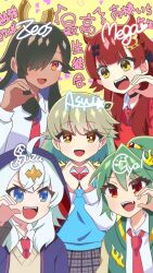 5girls ahoge anime_coloring aqua_hair artist_request black_choker black_hair black_ribbon black_shoes blue_hood blue_vest bow bowtie brown_hair chifuin_gyai choker dark-skinned_female dark_skin dragon_musume_ni_naritakunai! duel_masters fang finger_heart green_hair green_jacket grey_hair grey_vest hair_ornament hair_over_one_eye hair_ribbon hairpin heart high_ponytail highres hood hooded_jacket hoodie jacket kumada_suzu long_hair maguma_mega medium_hair multicolored_hair multicolored_jacket multiple_girls nagareboshi_asche necktie official_art open_clothes open_jacket open_mouth orange_eyes plaid_clothes plaid_skirt ponytail purikura red_bow red_bowtie red_eyes red_hair red_hoodie red_necktie ribbon sava_k_zeos school_uniform shirt shoes sidelocks skirt teeth translation_request upper_teeth_only vest white_hair white_shirt yellow_background yellow_eyes