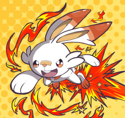 Rule 34 | :d, absurdres, commentary, english commentary, fire, gen 8 pokemon, harlequinwaffles, highres, jumping, nintendo, no humans, open mouth, orange background, pokemon, pokemon (creature), pokemon focus, polka dot, polka dot background, rabbit, scorbunny, signature, smile, solo, star (symbol), teeth, upper teeth only