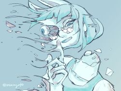 1girl animal_ears blue_background blue_eyes blue_hair blue_shirt broken_glass disintegration eyeball glass headless highres horse_ears horse_race_tests index_finger_raised long_hair looking_at_viewer melting monochrome nonmyoto shirt signature simple_background smile superstitional_realism twitter_username