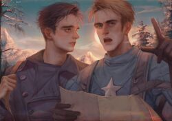2boys black_gloves blonde_hair blue_bodysuit blue_eyes blue_jacket blue_sky bodysuit branch brown_hair bucky_barnes buttons captain_america captain_america:_the_first_avenger captain_america_(series) commentary_request evening gloves gradient_sky hand_up highres holding holding_map index_finger_raised jacket lapels lips long_sleeves looking_at_another looking_to_the_side male_focus map mare_hane marvel marvel_cinematic_universe military_jacket mountain multiple_boys open_mouth outdoors pine_tree pointing short_hair sky snow star_(symbol) steve_rogers sun sunset superhero_costume tearing_up teeth tree turtleneck upper_body winter
