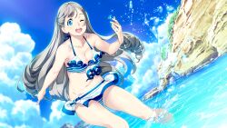 Rule 34 | 1girl, bikini, bikini skirt, blue eyes, blue sky, blush, breasts, cleavage, cliff, cloud, cloudy sky, fukuda tomonori, game cg, grey hair, hair between eyes, happy, highres, in water, leaning forward, long hair, looking at viewer, medium breasts, non-web source, ocean, official art, one eye closed, robotics;notes, robotics;notes dash, sky, smile, solo, splashing, striped bikini, striped clothes, swimsuit, teeth, thick thighs, thighs, tongue, tree, twintails, upper teeth only, vertical-striped bikini, vertical-striped clothes, water, wet, yukifune airi