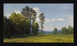 Rule 34 | absurdres, black border, blue sky, border, cloud, commentary, day, english commentary, field, forest, grass, highres, nature, no humans, original, outdoors, philipp urlich, scenery, sky, tree