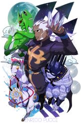 0lightsource 1boy absurdres belt black_footwear c-moon_(stand) cassock cd character_name clenched_teeth cloud colored_skin crown dark-skinned_male dark_skin enrico_pucci feather_collar feathers full_moon grin hand_up highres holding holding_cd holding_reins horse jojo_no_kimyou_na_bouken long_sleeves made_in_heaven_(stand) moon red_eyes reins sideburns smile spikes stand_(jojo) star_(sky) stone_ocean teeth white_hair whitesnake_(stand)