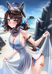 1girl absurdres alternate_costume animal_ears bikini black_hair blurry blurry_background blush breasts collarbone commentary_request commission daring_tact_(umamusume) dress grin hair_between_eyes hair_ornament highres horse_ears horse_girl horse_tail long_hair looking_at_viewer manjo_(warito) medium_breasts ocean pixiv_commission rock sky smile solo star_(symbol) star_hair_ornament swimsuit tail umamusume
