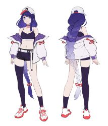 1girl absurdres alternate_costume armpit_crease arms_at_sides asymmetrical_legwear asymmetrical_sidelocks back bare_shoulders baseball_cap belt belt_buckle blue_hair braid breasts buckle choker cleavage closed_mouth colored_shoe_soles commentary contrapposto crotch_seam dot_nose double_vertical_stripe english_commentary eyebrows_hidden_by_hair from_behind full_body genshin_impact gluteal_fold hair_ribbon hat highres hoyofair invisible_floor jacket kneehighs kneepits legs_apart light_smile long_eyelashes long_hair long_legs long_sidelocks long_sleeves looking_at_viewer low-tied_long_hair midriff mole mole_under_eye multiple_views off_shoulder open_clothes open_hands open_jacket orange_ribbon orange_shoes puffy_long_sleeves puffy_sleeves purple_choker purple_eyes purple_hair purple_jacket purple_shorts purple_sleeve_cuffs purple_socks purple_sports_bra purple_thighhighs quilted_jacket raiden_shogun raised_eyebrows reference_sheet ribbon shoes short_shorts shorts sidelocks simple_background single_braid single_thighhigh skindentation sleeve_ribbon small_breasts sneakers socks sports_bra standing swept_bangs thick_eyelashes thighhighs translucent_hair turnaround two-sided_fabric two-sided_jacket vertigris very_long_hair white_background white_belt white_hat white_jacket white_shoes white_trim