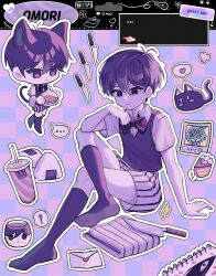 ... 1boy ? absurdres animal_ears basil_(headspace)_(omori) basil_(omori) black_eyes black_hair black_socks cat cat_boy cat_ears cat_tail chibi citan_(reci_tan) copyright_name crossed_legs cup drinking_glass drinking_straw food heart highres holding holding_tray kemonomimi_mode kneehighs knife male_focus mewo official_alternate_costume omori omori_(omori) onigiri photo_(object) short_hair shorts socks solo something_(omori) speech_bubble spoken_ellipsis spoken_heart spoken_question_mark steak tail tray twitter_username white_shorts