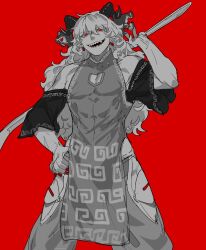 Rule 34 | 1boy, carrying over shoulder, chamaruk, chinese clothes, clothing cutout, curly hair, detached sleeves, evil smile, genderswap, genderswap (ftm), hand on own hip, holding, holding spork, horn ornament, horn ribbon, horns, long hair, looking at viewer, male focus, meandros, muscular, muscular male, open mouth, oversized object, patterned clothing, pectoral cleavage, pectorals, pelvic curtain, pointy ears, red background, red nails, ribbon, sharp teeth, sheep horns, side slit, smile, solo, spork, teeth, touhou, toutetsu yuuma, very long hair