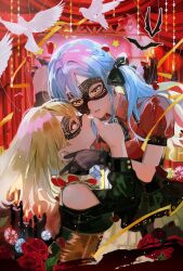 2girls artist_request bang_dream! bang_dream!_it&#039;s_mygo!!!!! bird black_dress black_gloves black_mask black_ribbon blonde_hair blue_hair candle clothing_cutout collared_shirt commentary_request commission doloris_(bang_dream!) domino_mask dress gloves hand_in_another&#039;s_hair hand_on_another&#039;s_neck highres holding_hands kissing_hair korean_commentary long_hair mask medium_hair misumi_uika mixed-language_commentary multiple_girls oblivionis_(bang_dream!) parted_lips purple_eyes red_shirt ribbon second-party_source shirt short_sleeves shoulder_cutout swimsuit togawa_sakiko two_side_up white_bird yellow_eyes yuri