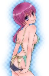 Rule 34 | 1girl, adjusting clothes, adjusting panties, apron, ass, blue eyes, braid, breasts, butt crack, cowboy shot, gender request, genderswap, hanamutsuki, lace, lowleg, lowleg panties, naked apron, panties, ranma-chan, ranma 1/2, saotome ranma, sideboob, single braid, tongue, underwear