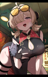 1girl absurdres black_dress black_gloves blonde_hair blush breasts china_dress chinese_clothes cleavage_cutout clothing_cutout dress eyewear_on_head fengqun fingerless_gloves gloves hair_over_one_eye highres large_breasts letterboxed long_bangs long_hair looking_at_viewer open_mouth short_hair short_twintails sunglasses sweety_(zenless_zone_zero) tinted_eyewear twintails yellow-tinted_eyewear zenless_zone_zero