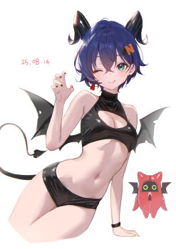 Rule 34 | 1girl, adelie cat, alternate costume, bangboo (zenless zone zero), belle (zenless zone zero), black shirt, black shorts, blue hair, breasts, claw pose, crop top, demon horns, demon tail, devilboo (zenless zone zero), hair between eyes, highres, horns, navel, one eye closed, shirt, short hair, short shorts, shorts, simple background, smile, tail, white background, zenless zone zero