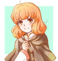 1girl arm_up brown_shawl clenched_hand commentary_request fire_emblem fire_emblem:_genealogy_of_the_holy_war lana_(fire_emblem) looking_at_viewer nintendo orange_eyes orange_hair shawl short_hair smile solo upper_body usachu_now