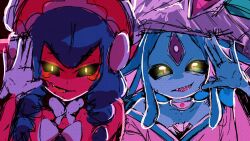 2girls ariemon bare_shoulders black_sclera blue_hair bonnet colored_sclera colored_skin digimon digimon_(creature) facial_mark fins forehead_mark head_fins highres japanese_clothes kimono la_wuchi lamiamon multiple_girls parted_lips pink_kimono pink_skin sharp_teeth smile teeth upper_body yellow_eyes