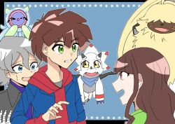 Rule 34 | 1girl, 2boys, amanokawa hiro, angoramon, digimon, digimon (creature), digimon ghost game, dinosaur, gammamon, higashimitarai kiyoshiro, highres, jellymon, long hair, multiple boys, rabbit, short hair, tentacles, triceratops, tsukiyono ruli, zuhana