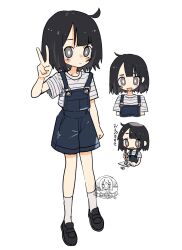 1girl :d black_hair black_shoes blush_stickers character_watermark closed_mouth commentary eraser grey_eyes grey_shirt highres holding holding_pencil loafers multiple_views naka_(buttergirl_02) open_mouth original overall_shorts overalls pencil shirt shoes short_sleeves simple_background smile socks standing striped_clothes striped_shirt translation_request white_background white_socks