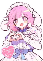 Rule 34 | 1girl, absurdres, animal ears, blush stickers, cinnamoroll, dress, fuwa fuwa cinnamoroll, highres, jihecchi, juliet sleeves, long sleeves, looking at viewer, maid headdress, ootori emu, open mouth, pink hair, project sekai, puffy sleeves, rabbit ears, sanrio, short hair, simple background, smile, solo, star-shaped pupils, star (symbol), symbol-shaped pupils, upper body, white background, white dress