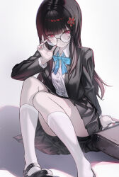 1girl absurdres adjusting_eyewear bag black_hair black_jacket black_shoes black_skirt blazer blue_bow blue_bowtie bow bowtie circle_facial_mark closed_mouth collared_shirt commentary english_commentary facial_mark fingernails flower_hairpin glasses highres honkai:_star_rail honkai_(series) jacket knees_up loafers long_hair looking_at_viewer making-of_available mark_under_both_eyes neon_(pixiv_31150749) red_eyes red_nails round_eyewear school_bag shirt shoes sitting skirt smile socks solo sparkle_(honkai:_star_rail) sparkle_(school_uniform)_(honkai:_star_rail) white_shirt white_socks